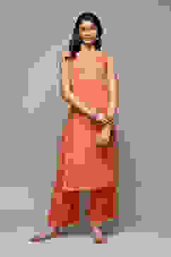 Coral Cotton Blend Gathered Kurta Palazzo Suit Set image number 1