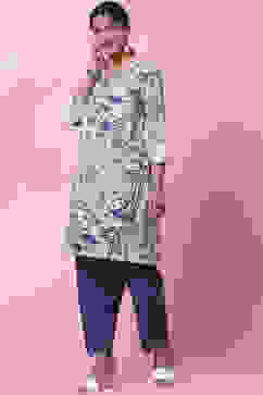 White And Blue Cotton A-Line Kurta Salwar Pant Suit Set image number 3