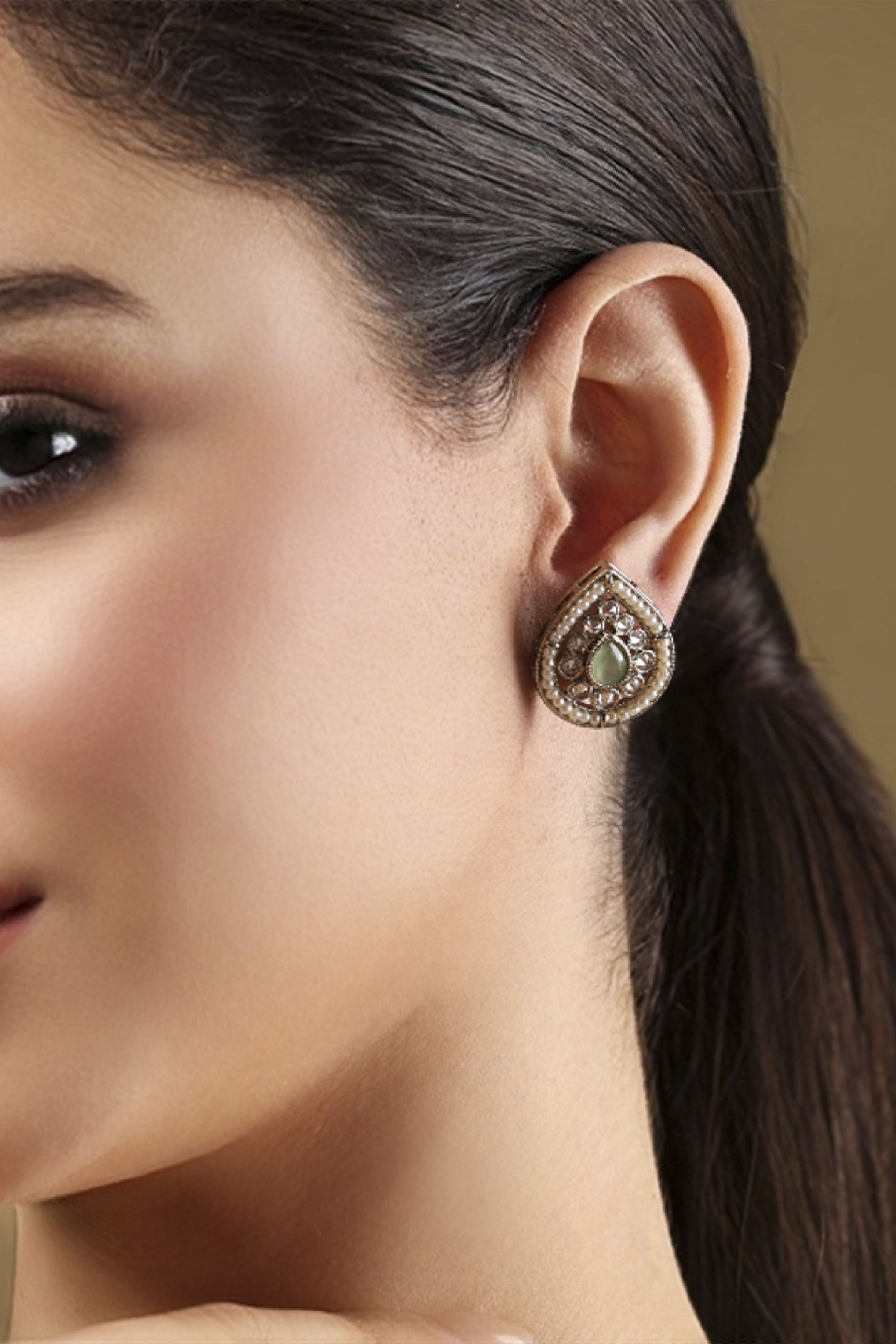 Mint Green Gold Plated Alloy Embellished Studs image number 1