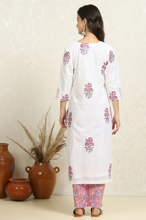 White and Pink Cotton Floral Hand Block Unstitched Suit Set image number 5