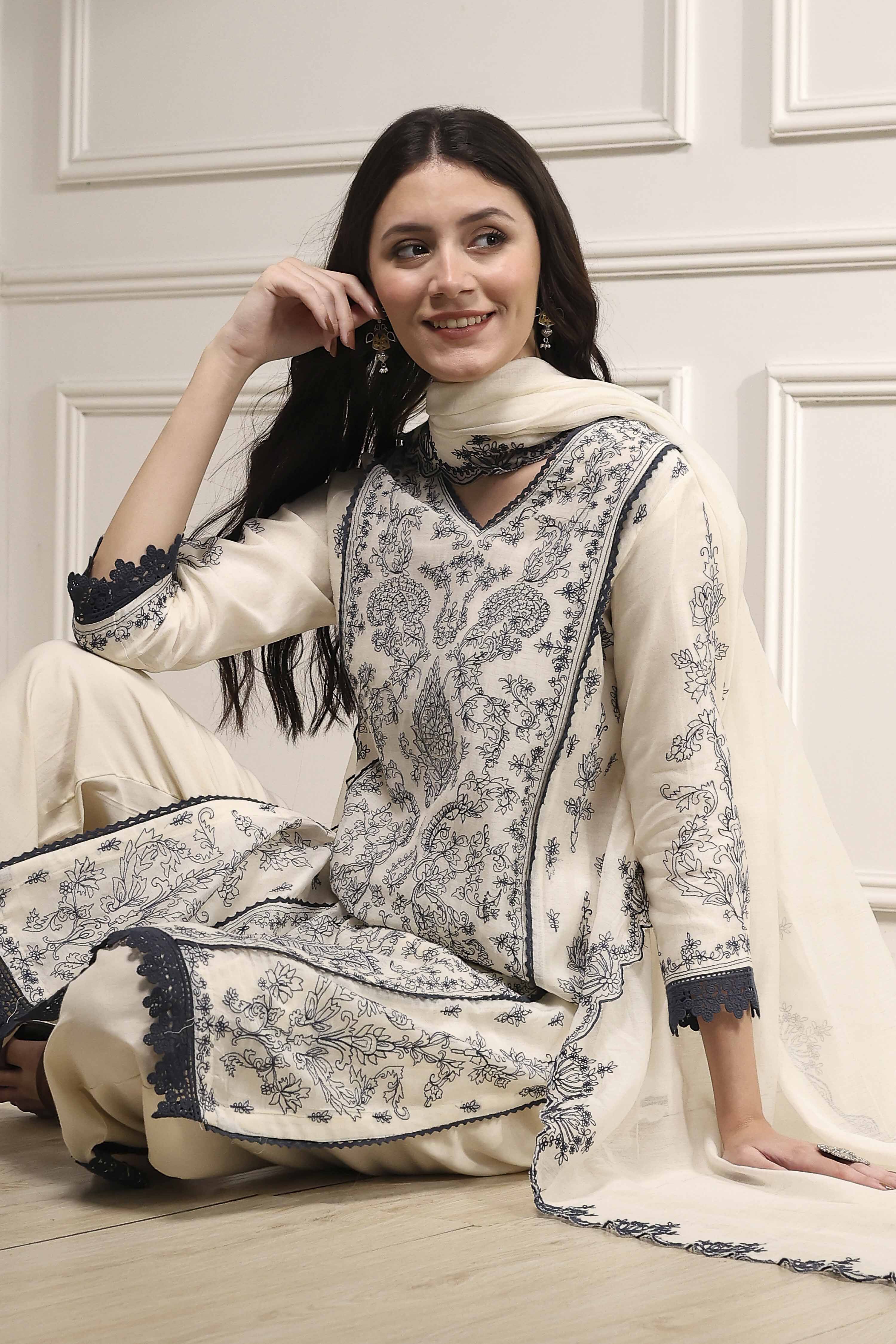 Natural White Chanderi Embroidered Straight Suit Set image number 0