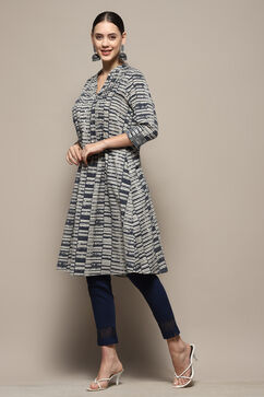 Midnight Blue Cotton Geometric Printed A-line Kurta image number 3