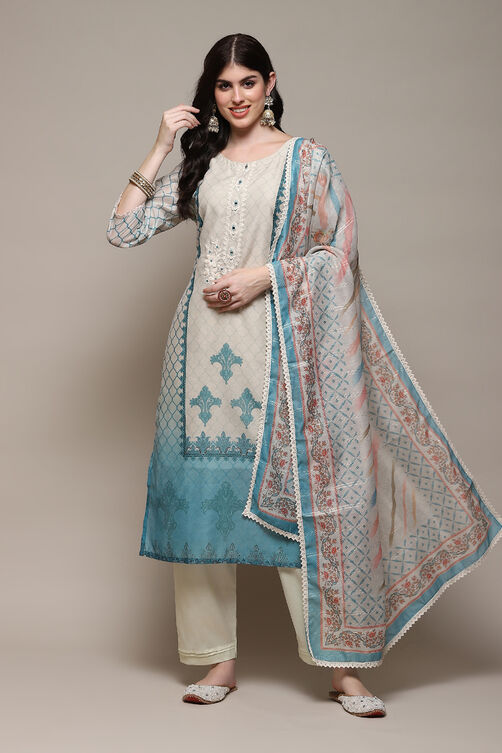 Beige Chanderi Blend Machine Embroidered Unstitched Suit Set image number 1