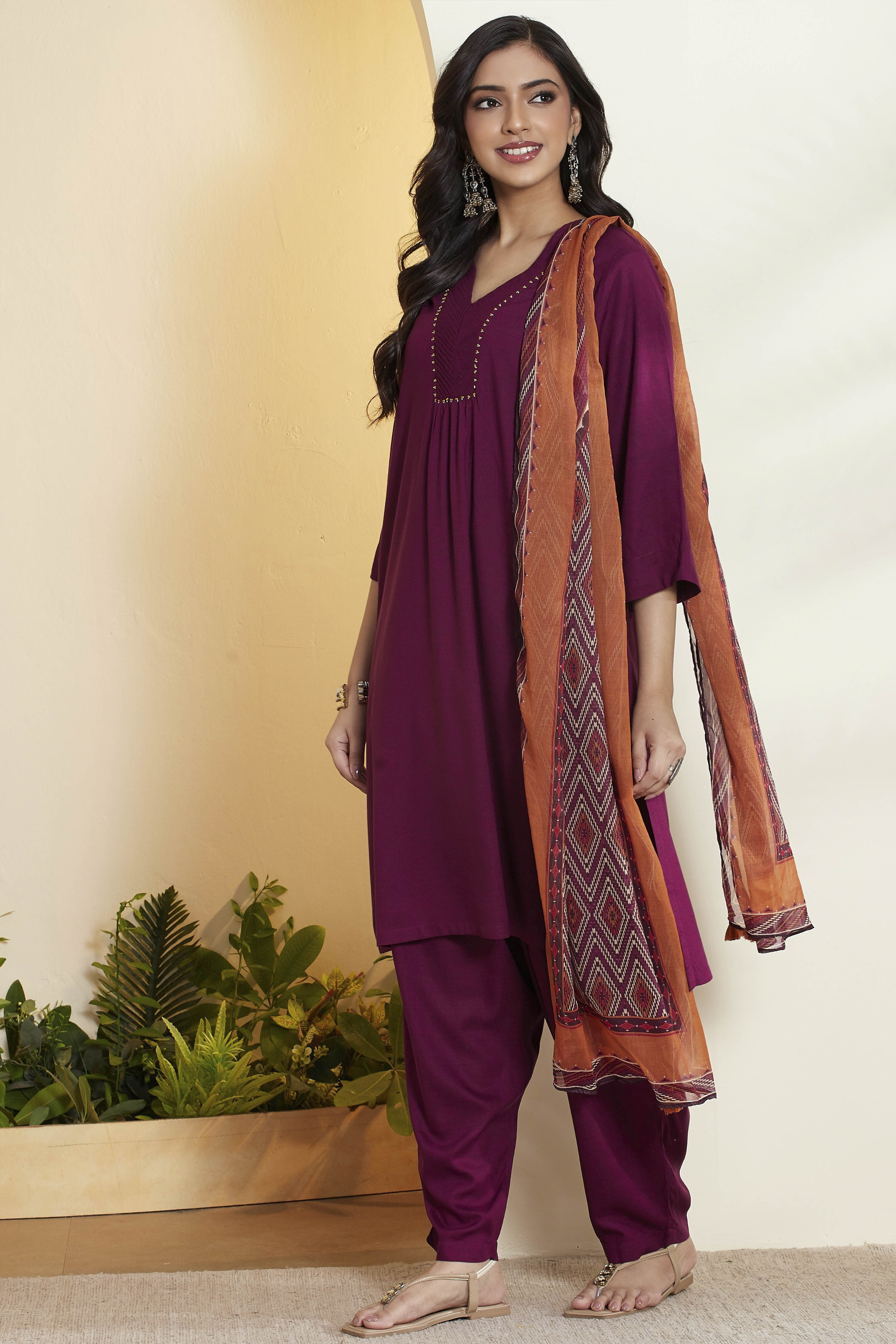Purple Viscose Rayon Straight Suit Set image number 4