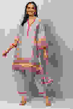 Grey Art Silk Straight Kurta Slim Pant Suit Set image number 5