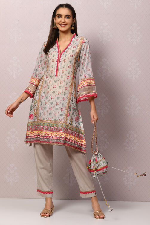 Grey Art Silk Straight Kurta Slim Pant Suit Set image number 5