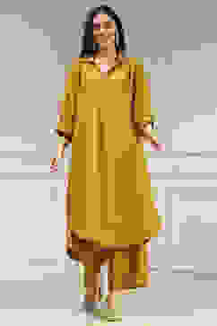 Ochre Yellow Polyester A-Line Dyed Kurta Pants Set image number 6