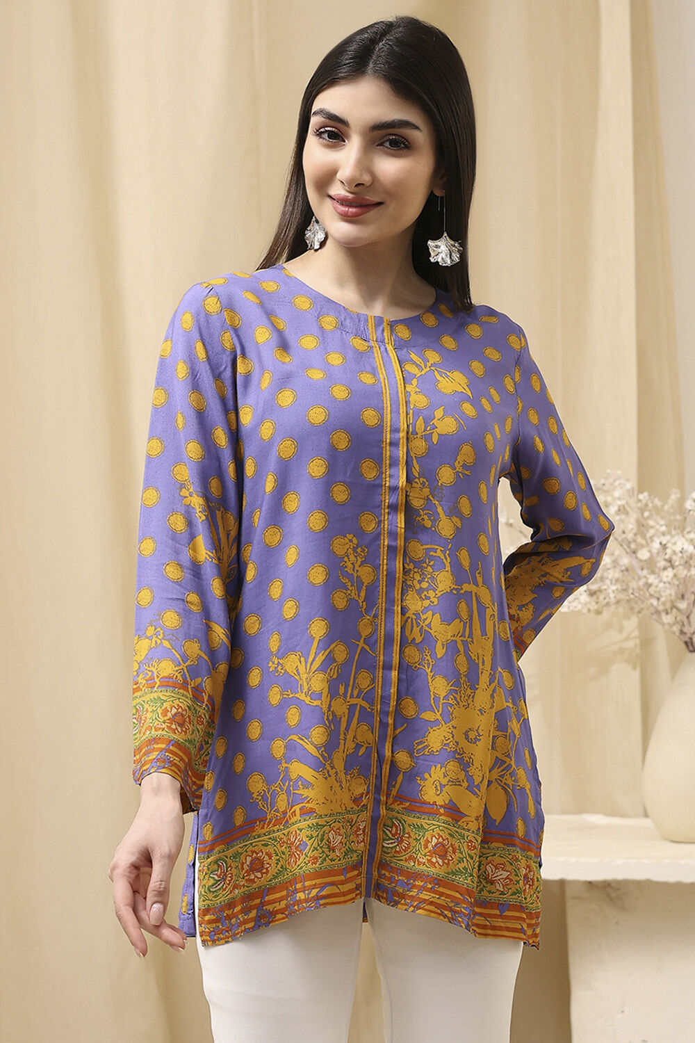 Purple Muslin Printed Straight Short Kurta image number 5