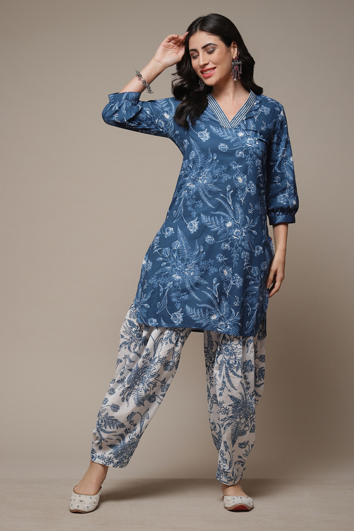Indigo Cotton Straight Kurta Cross Yoke Salwar 2 Piece Set image number 4