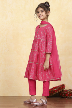 Pink Cotton Tiered Printed Kurta Churidar Set image number 3