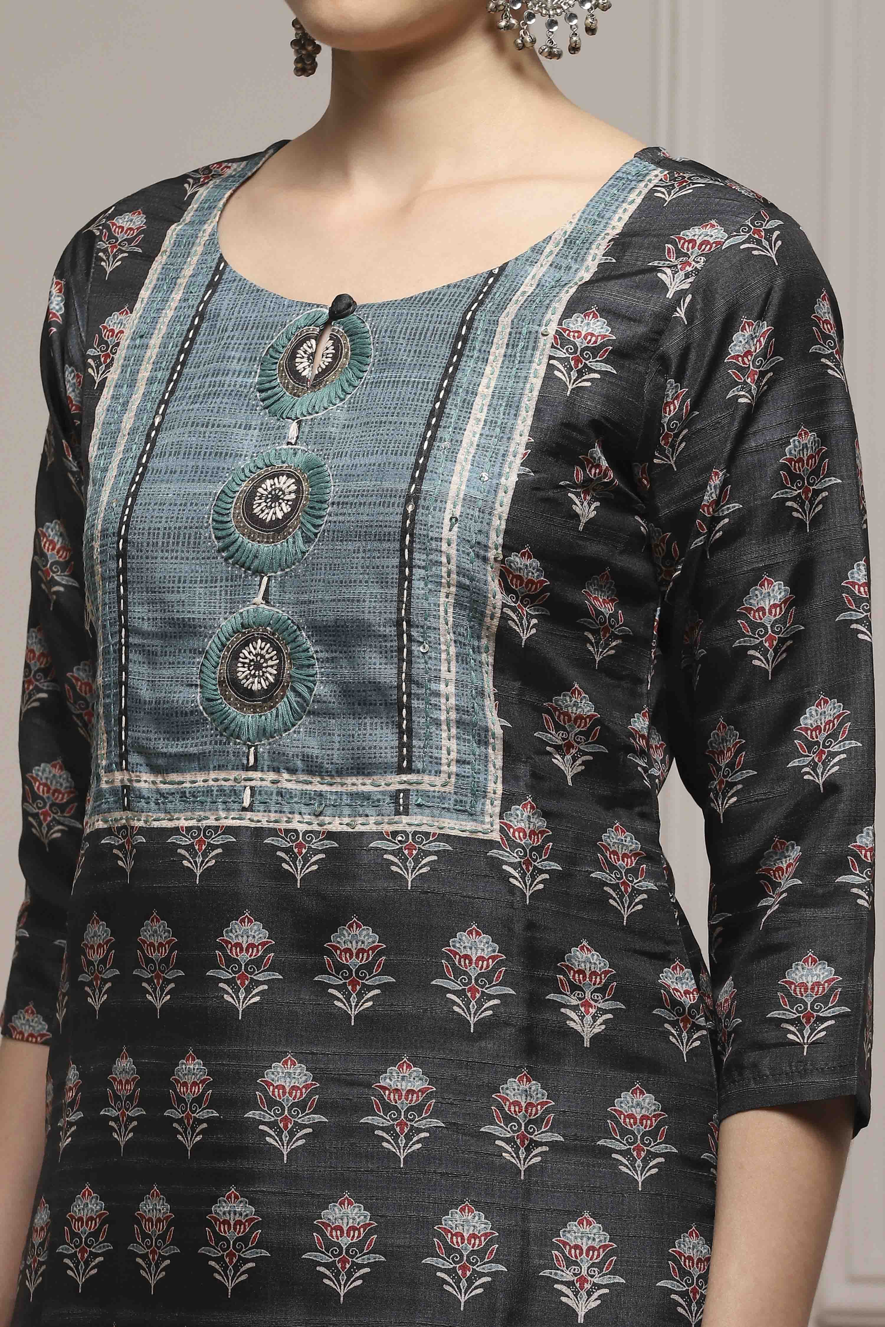 Black Silk Blend Printed- Embroidered Unstitched Suit Set image number 2