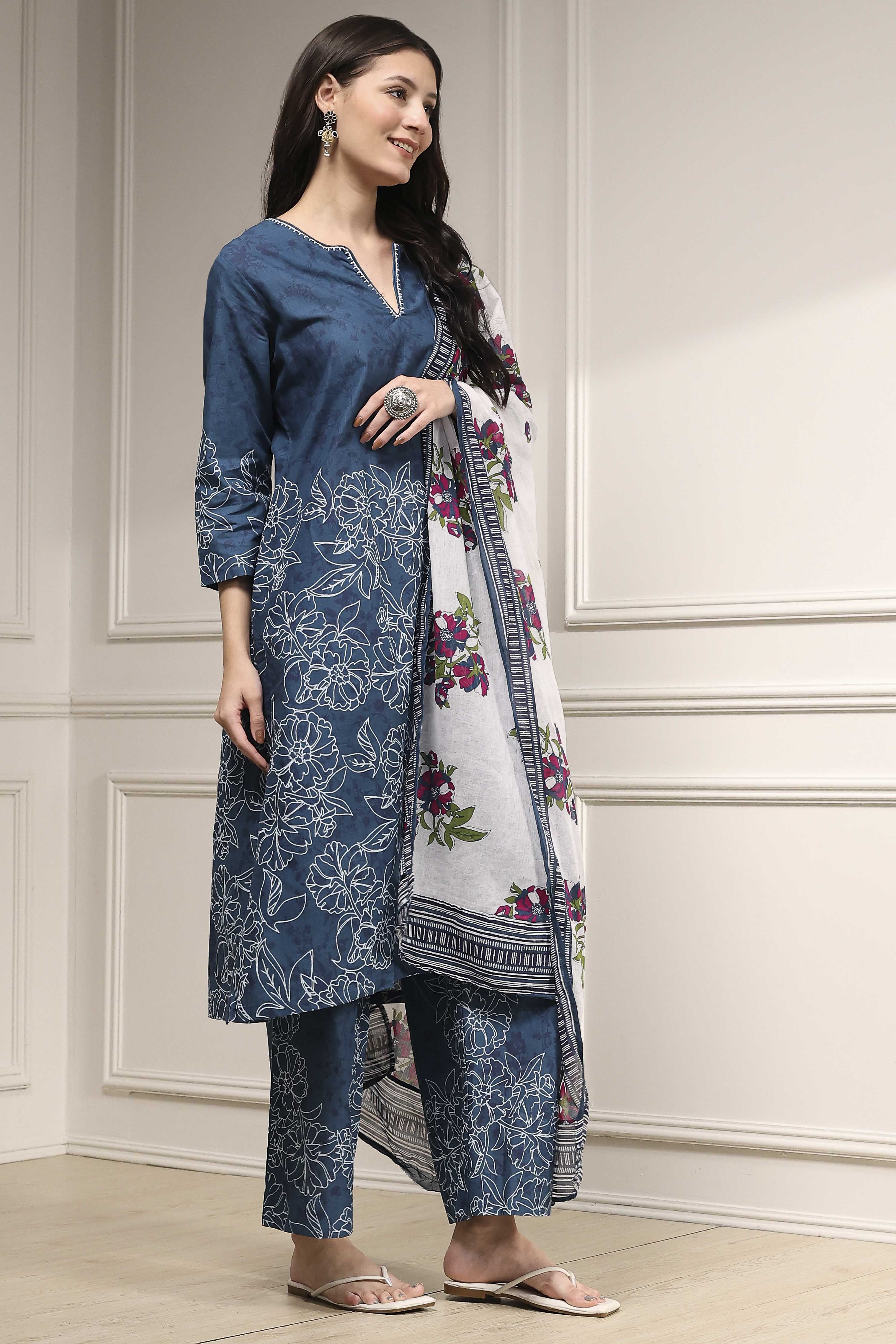 Teal Blue Cotton Printed Straight Suit Set image number 5