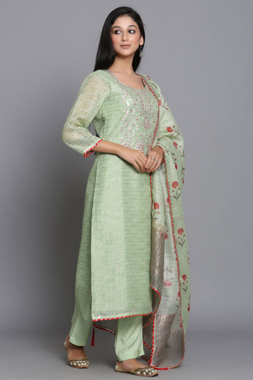 Green Unstitched dress material Suit Set image number 3