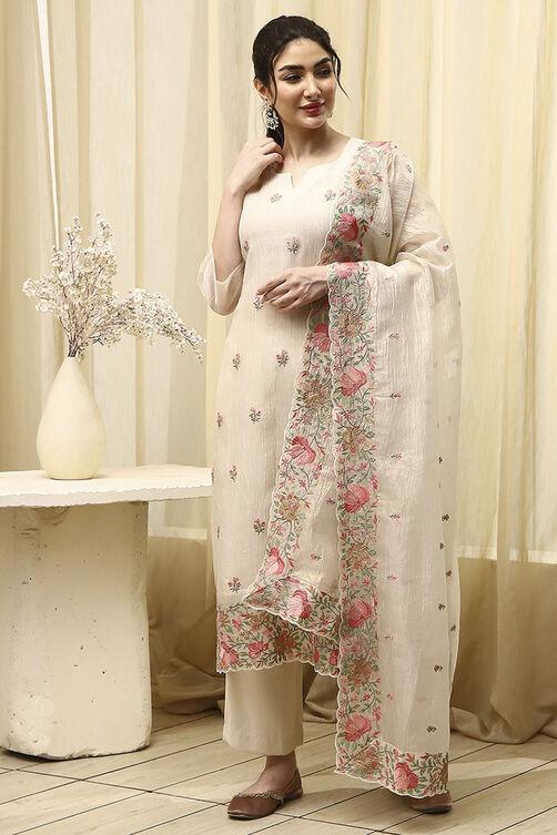Beige Tissue Machine Embroidered Unstitched Suit Set image number 1
