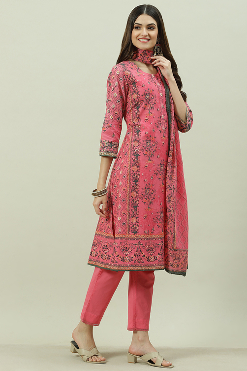 Pink Cotton Straight Kurta Slim Pant Suit Set image number 5
