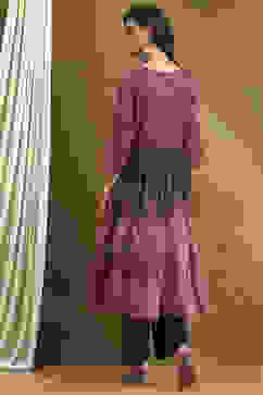 Charcoal and Pink Cotton Printed Anarkali Suit Set image number 4