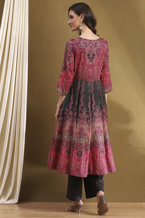 Charcoal and Pink Cotton Printed Anarkali Suit Set image number 4