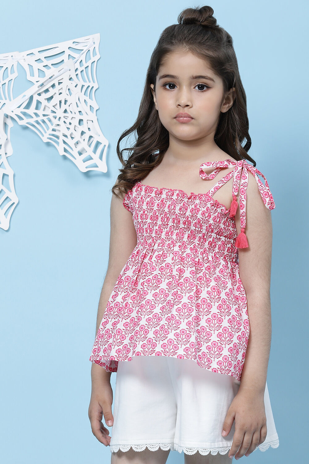 Off White Pink Cotton Smocking Printed Top image number 2