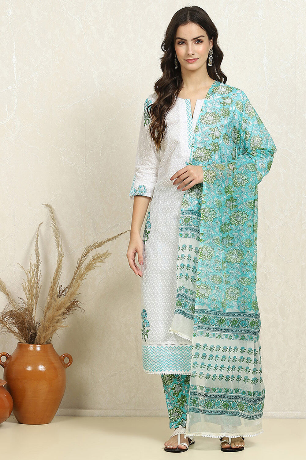 White and Pink Cotton Floral Hand Block Unstitched Suit Set image number 7