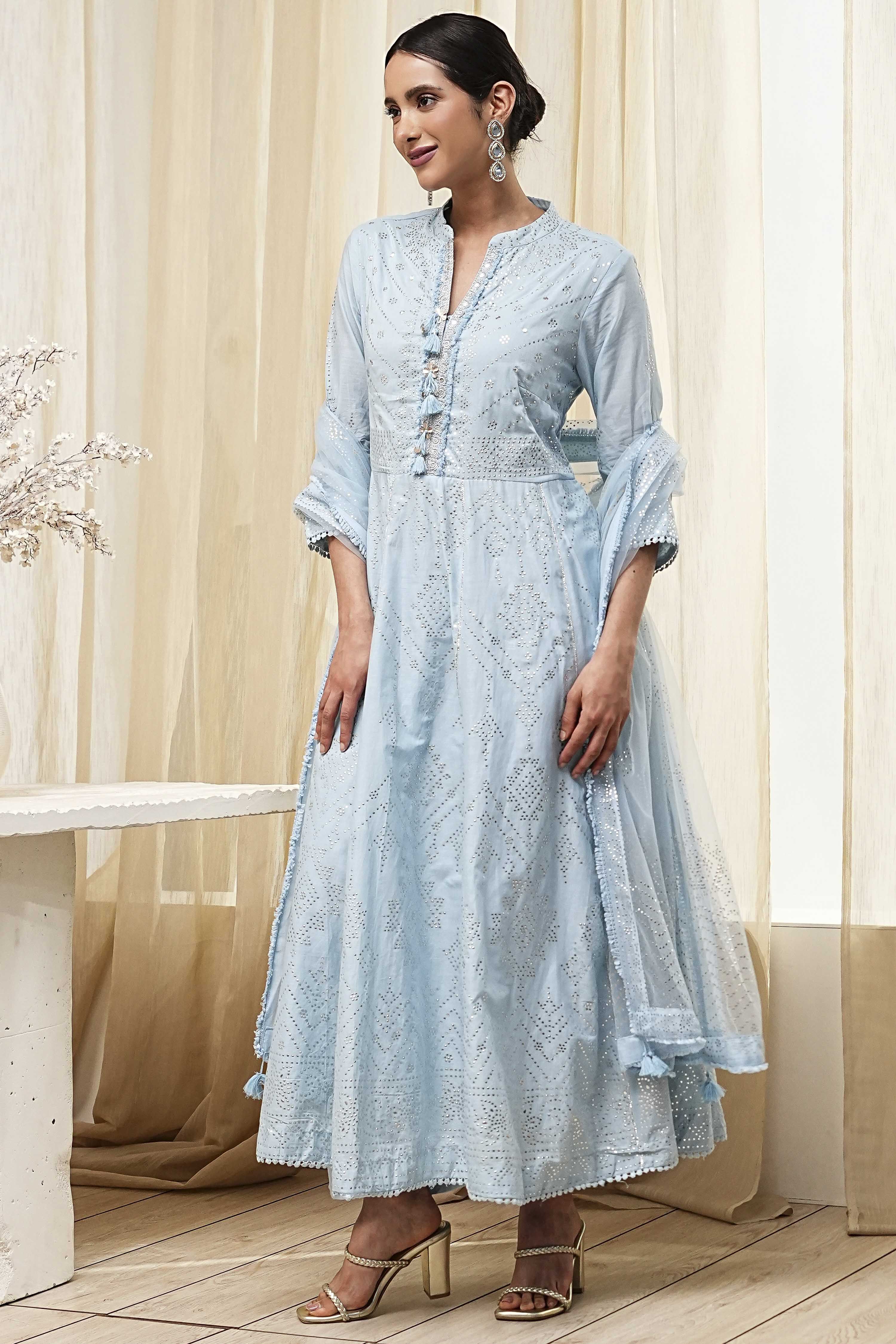 Off-White Cotton Embellished Anarkali Suit Set image number 3