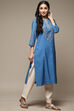 Blue Cotton Blend Straight Yarndyed Kurta