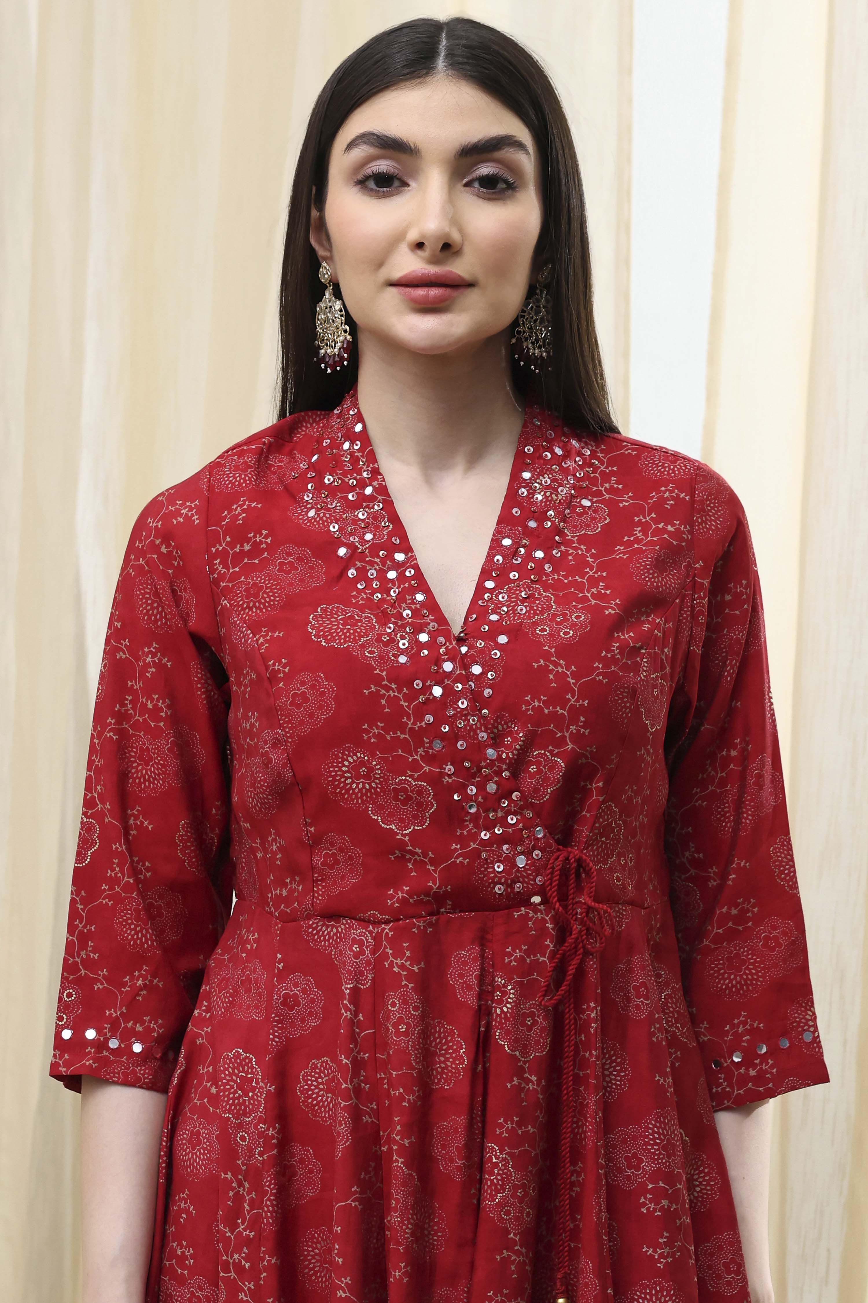 Red Printed Angrakha Style Anarkali Suit Set image number 1