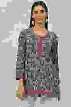 Grey Art Silk Straight Printed Kurti image number 0