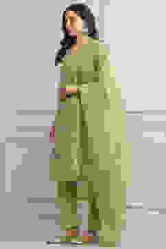 Green Cotton Blend Floral Straight Suit Set image number 3