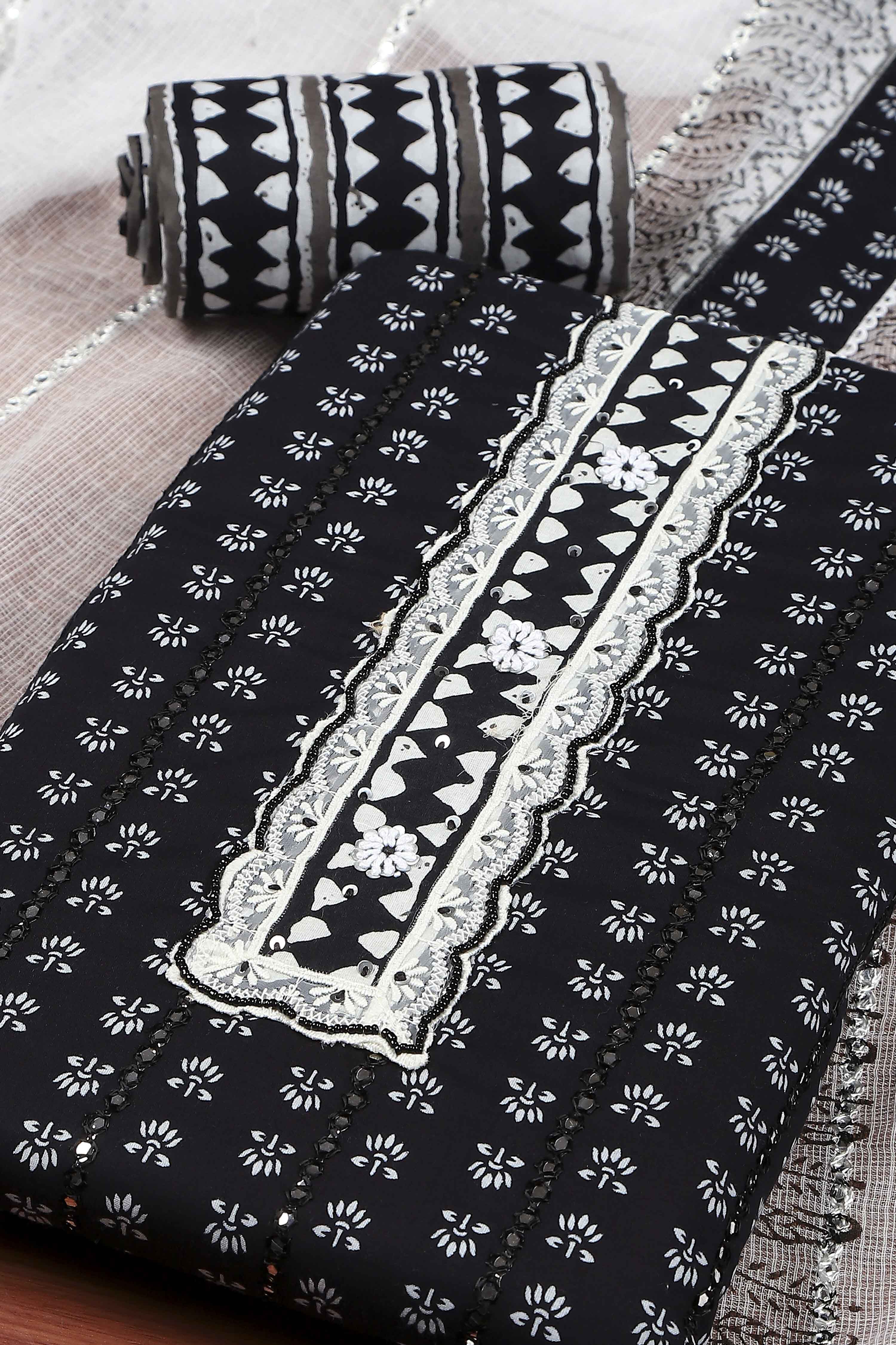 Black Cotton Machine Embroidered Unstitched Suit Set image number 1