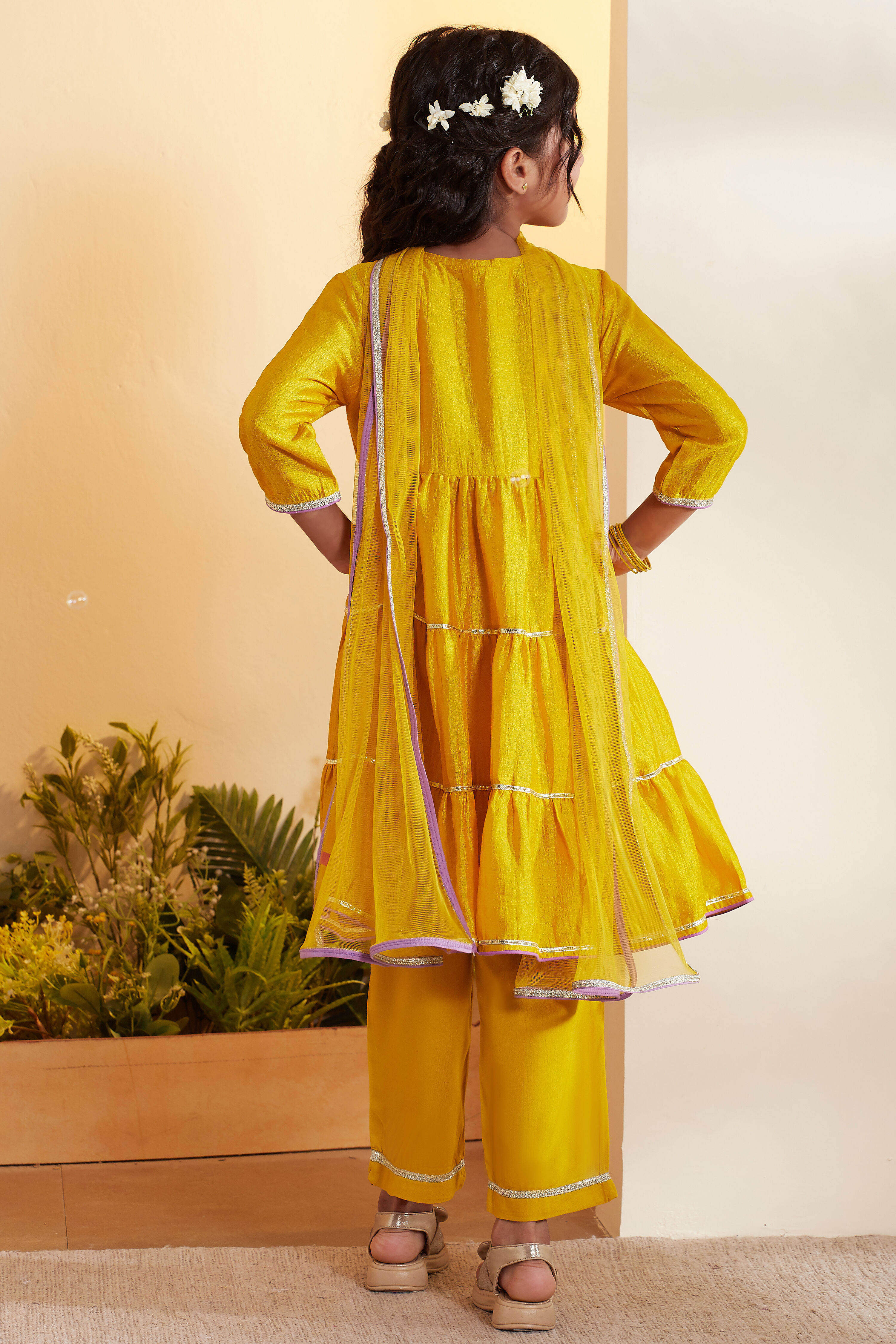Yellow Viscose Silk Yoke Design Tiered Kurta Set image number 5