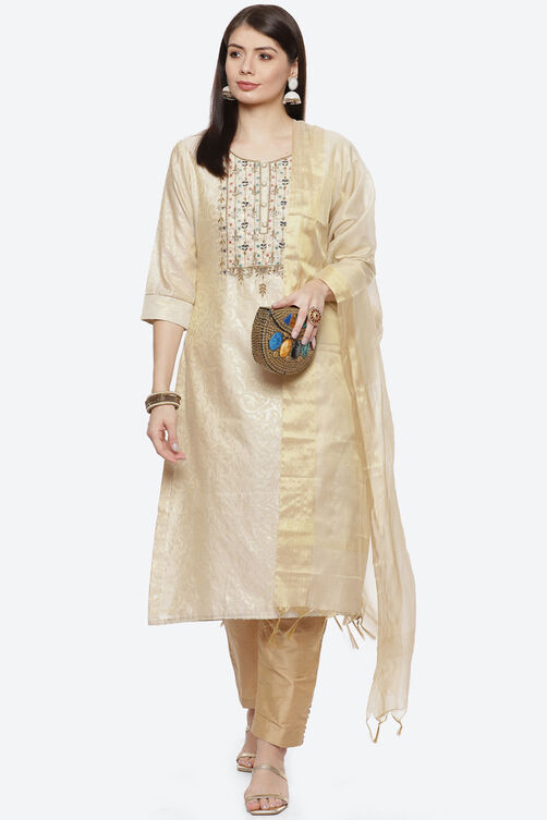 White Silk Chanderi Easy Stitch Suit Set image number 7