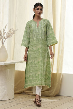 Green Pure Cotton Printed Straight Kurta image number 2