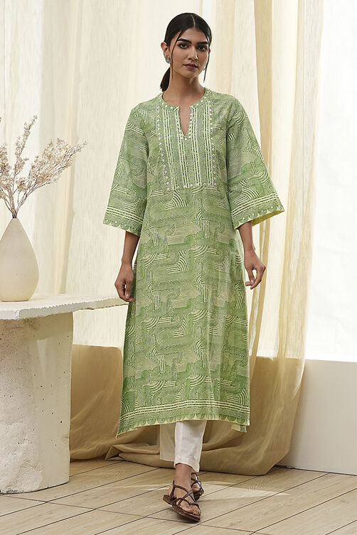 Green Pure Cotton Printed Straight Kurta image number 5