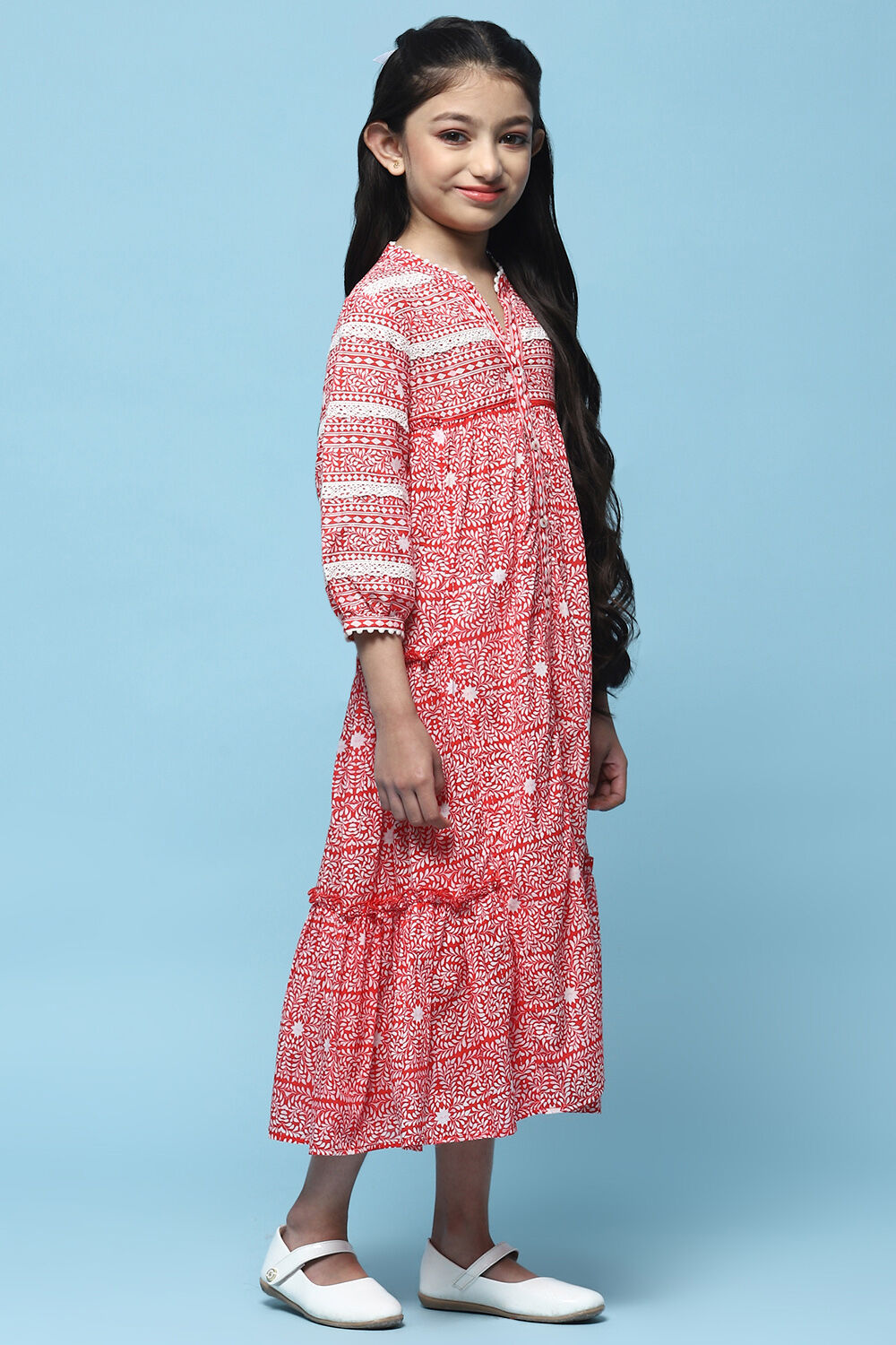  Red Printed Cambric Dress With Front Opening image number 4