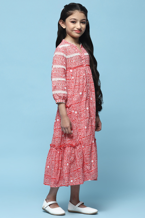 Red Printed Cambric Dress With Front Opening image number 4