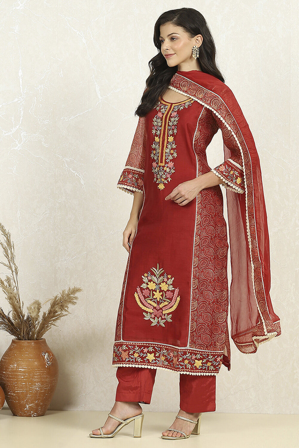 Teal Chanderi Unstitched Suit Set image number 4