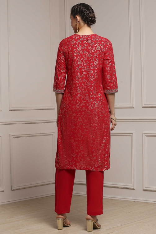 Off-White Cotton Printed Straight Suit Set image number 4