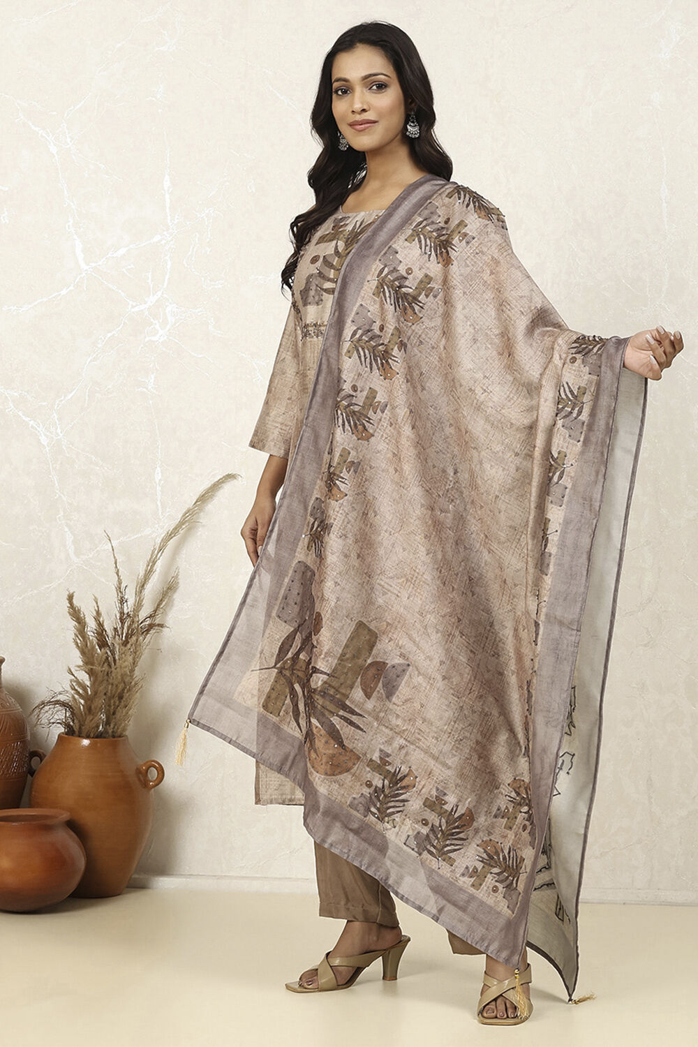 Peach Silk Blend Printed  Embroidered Unstitched Suit Set image number 4