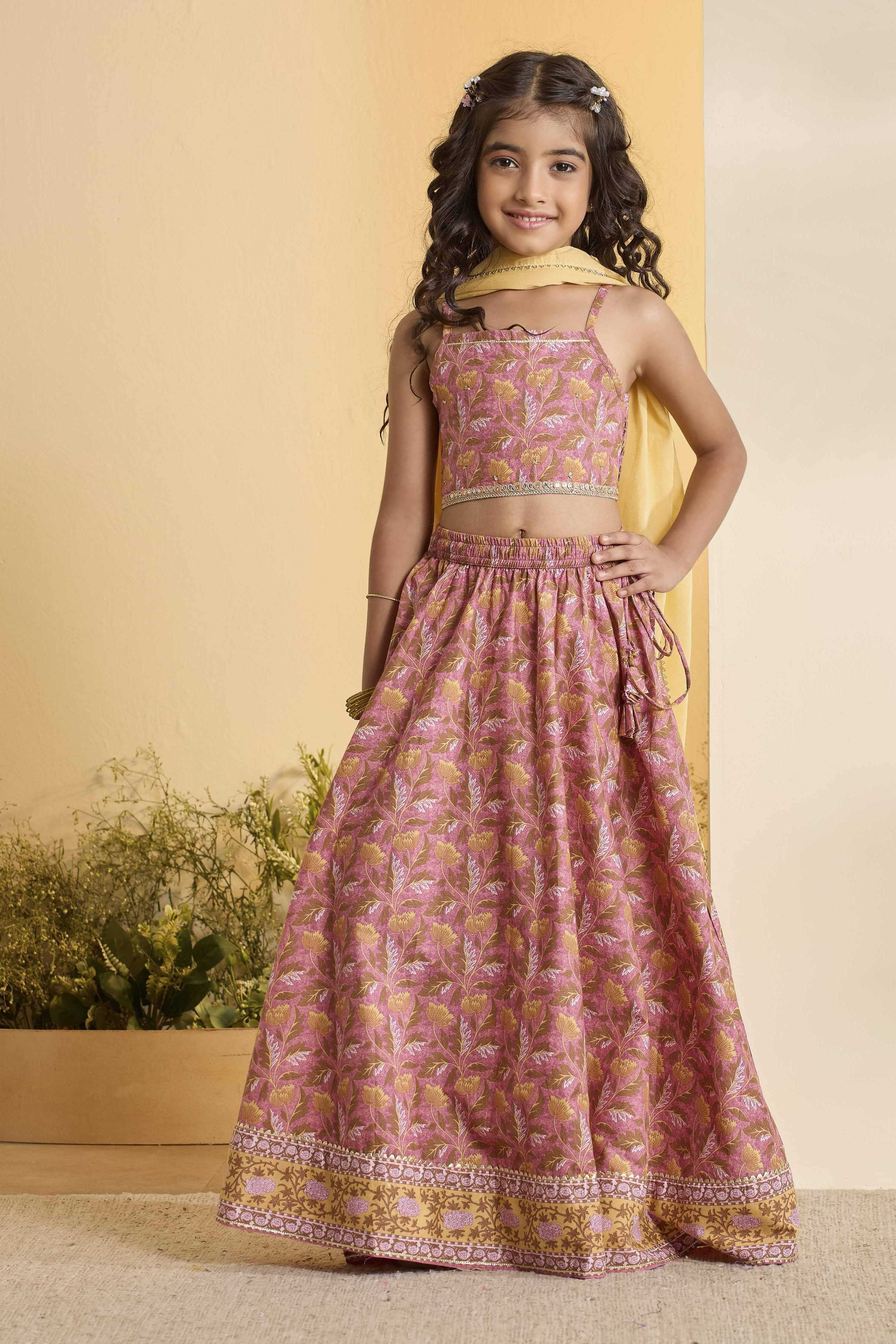 Peach Cotton Printed Gathered Lehenga Set image number 6