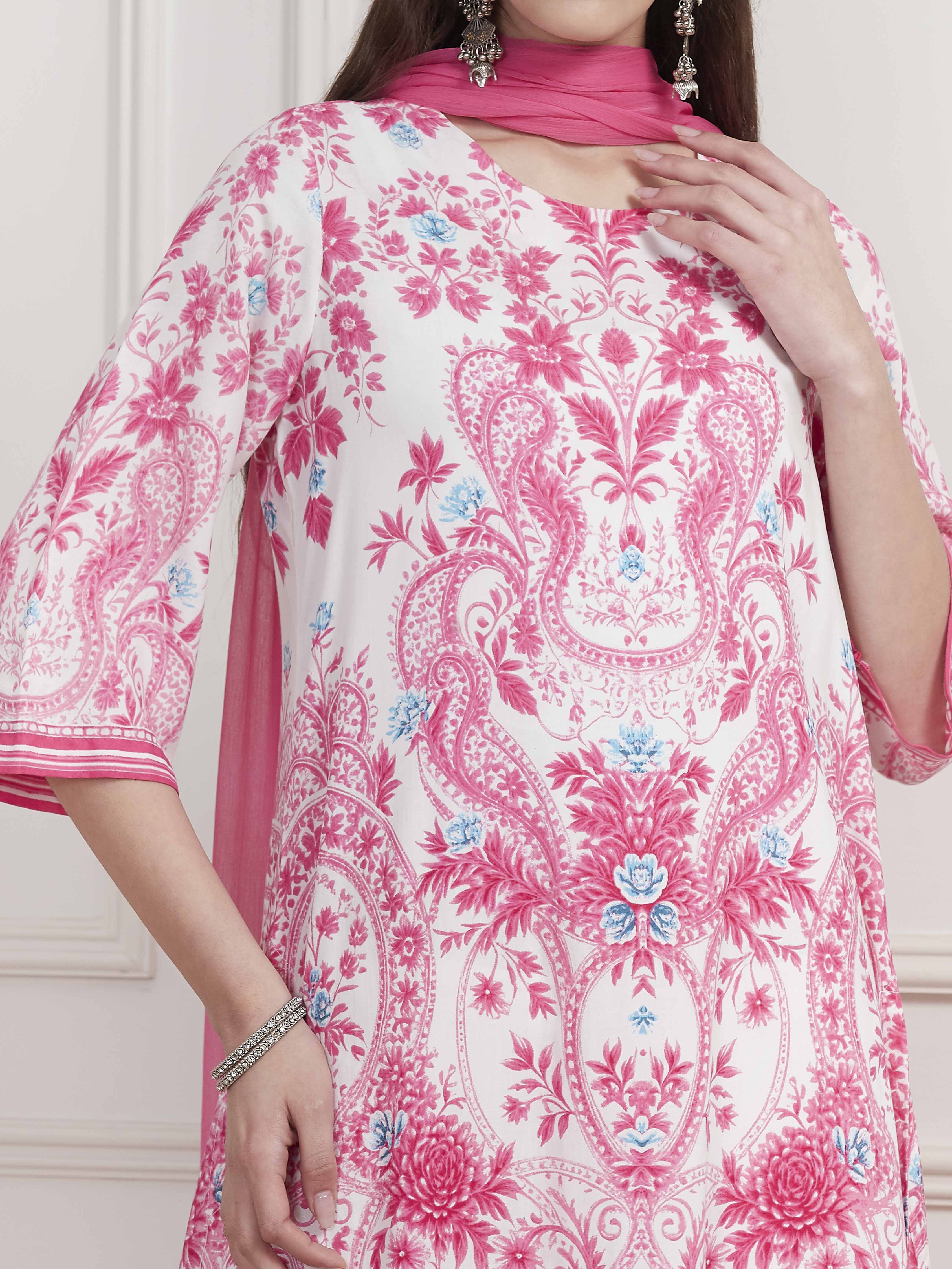 Pink and White Printed Straight Suit Set image number 1
