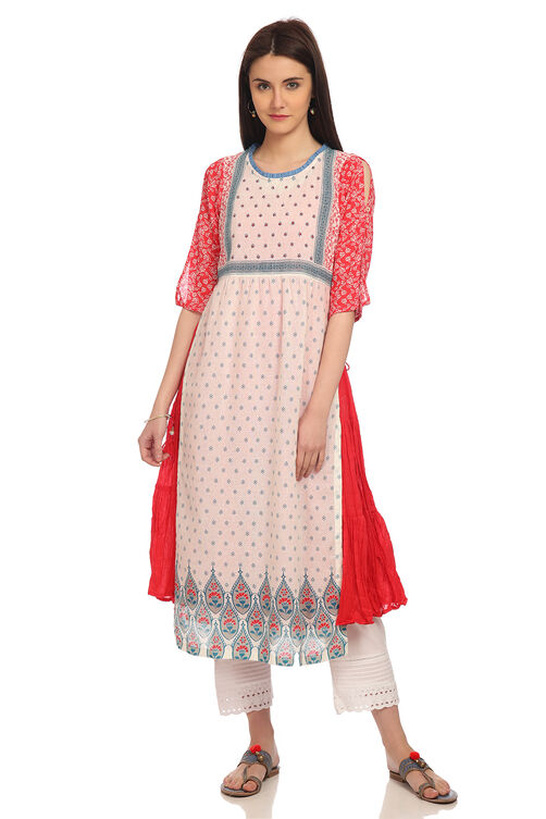 White Flared Cotton Printed Kurta image number 0