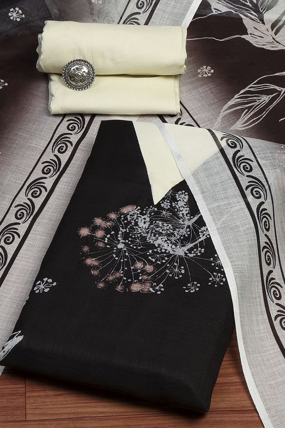 Black Linen Printed Unstitched Suit Set image number 0
