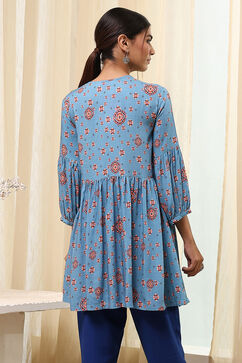 Dull Blue Printed Short Kurta image number 3