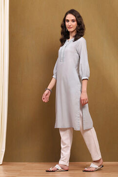 Steel Grey Cotton Solid Regular Fit Straight Kurta image number 2