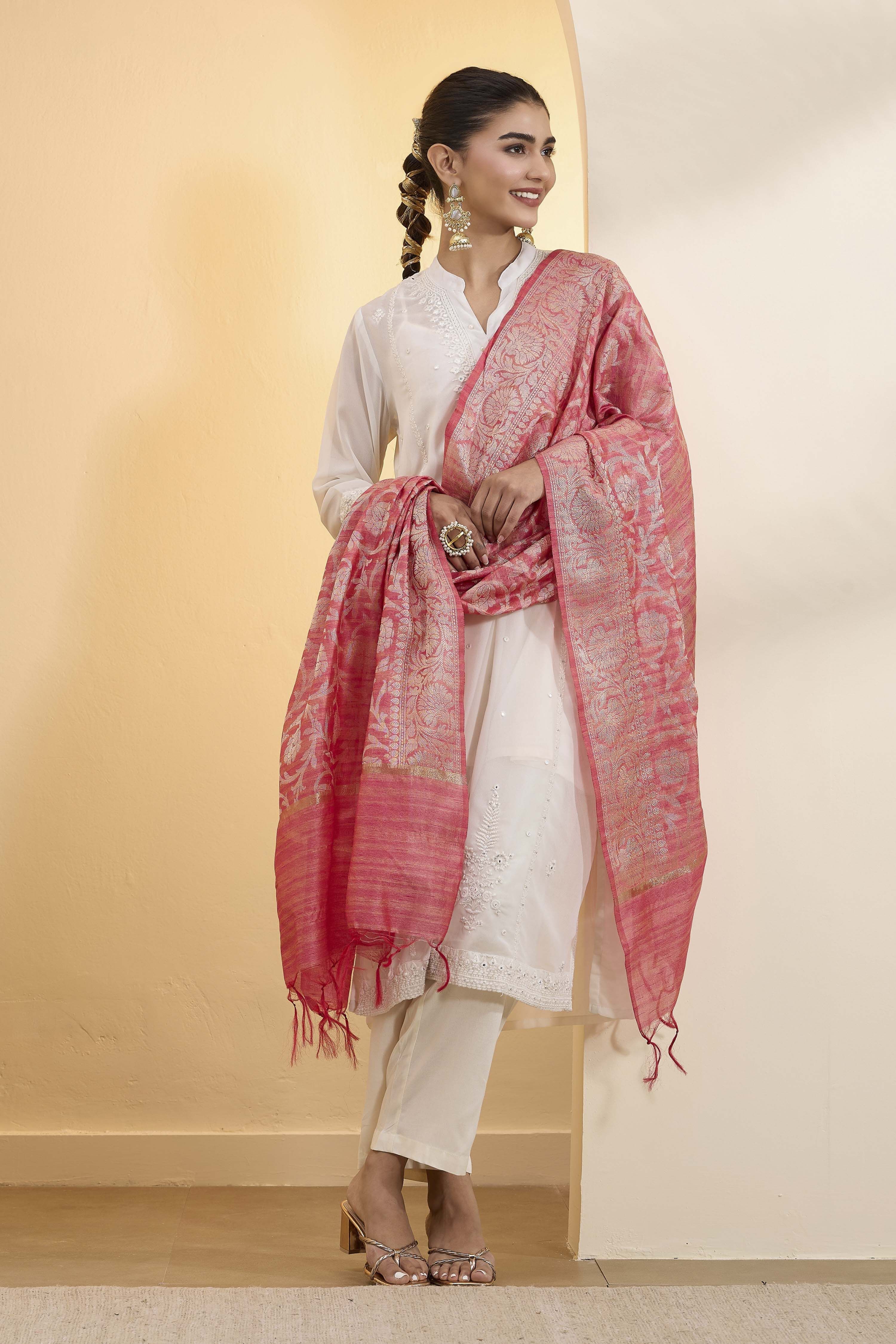 Red Poly Zari Dupatta image number 1