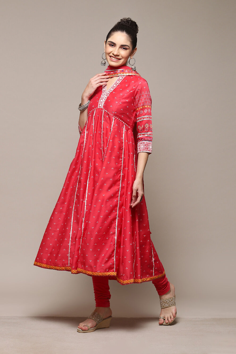 Mehandi Poly Cotton Anarkali Kurta Palazzo Suit Set image number 6