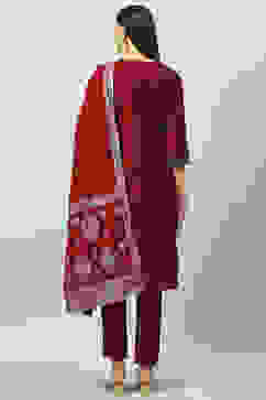 Maroon Poly Viscose Straight Kurta Slim Pants Suit Set image number 4