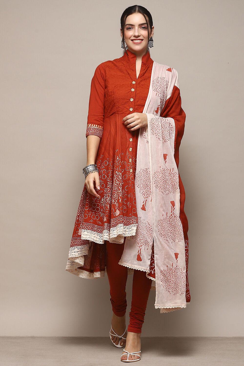 Turquoise Cotton Anarkali Solid Kurta Churidar Suit Set image number 7