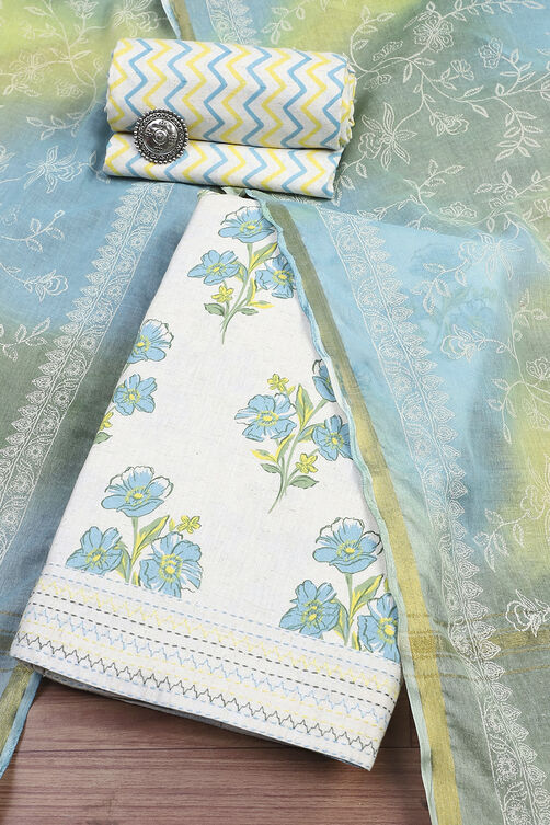 Beige-Blue Cotton Unstitched Suit Set image number 0