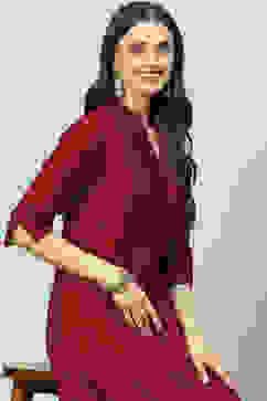 Maroon Cotton A-Line Printed Kurta image number 3